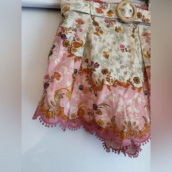 Zimmermann Laurel Pink White Linen Scalloped Floral Shorts Belt Size AU 3 US 10 - Picture 5 of 11